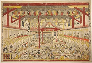Torii School Prints: Large Perspective Picture of the Kaomise Performance on the Kabuki Stage (Shibai)