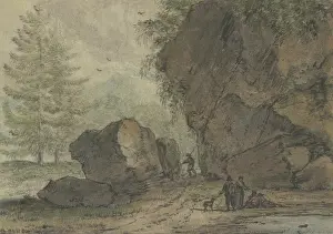 Sitting On Ground Prints: Large rock formation by a puddle