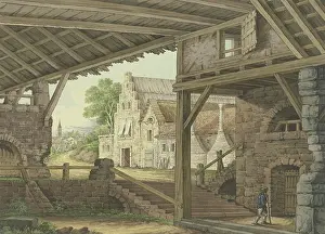 Timber Prints: A large shed offers a view of a village. Creator: Philipp Jakob Bauer