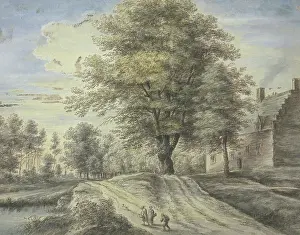 Uden Lucas Van Prints: A large tree lies by a house, three figures and a dog are in the foreground