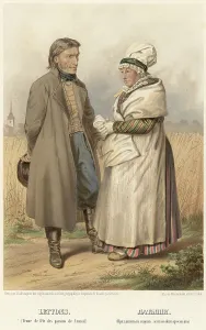 Shawl Prints: Latvians. (Festive attire of Lemzal peasants), 1862. Creator: Karl Fiale
