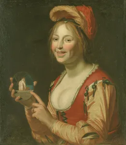 Showing Prints: Laughing Girl Showing a Small Picture of a Nude Woman Seen from Behind