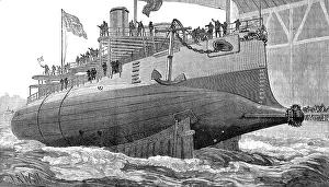 Submarine Prints: Launch of H.M.S. Polyphemus, new torpedo ram, at Chatham Dockyard, 1881. Creator: Unknown