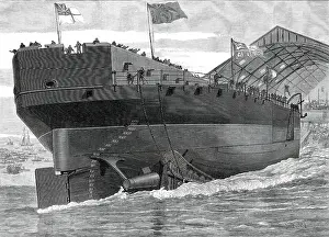 Hydraulic Prints: Launch of the Inflexible at Portsmouth Dockyard: stern view of the ship