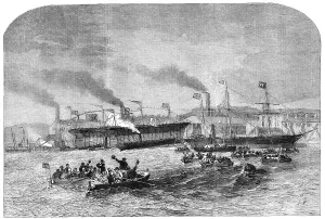 Bidder George Parker Prints: Launch of Three Iron Screw Steam-Vessels, at Newcastle-on-Tyne, 1856. Creator: Unknown