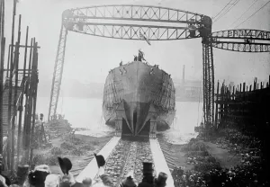Ship Building Prints: Launch of QUEEN MARY, 1912. Creator: Bain News Service