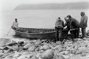 Eskimo Prints: Launching the boat-Little Diomede Island, c1928. Creator: Edward Sheriff Curtis