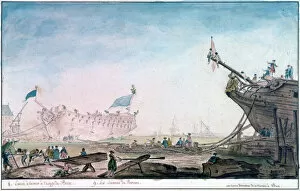 Launching a Ship at Brest, c1750-1810. Artist: Nicolas Marie Ozanne