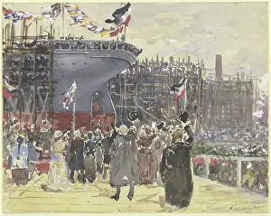 Docks Prints: Launching of a ship, c1890-1895. Creator: Leopold Kalckreuth