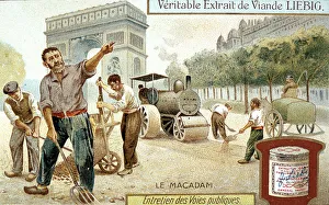 Roadworks Prints: Laying a Macadam road surface and compacting it with a steam road roller, Paris, c1900