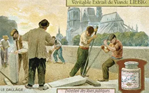 Roadworks Prints: Laying paving slabs in a Paris street, c1900