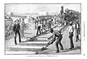 Laying sleepers and rails (permanent way) on the Transvaal Railway, South Africa, 1893