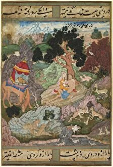 Attributed To Gallery: Layla and Majnun in the wilderness with animals, from a Khamsa (Quintet)... c. 1590-1600