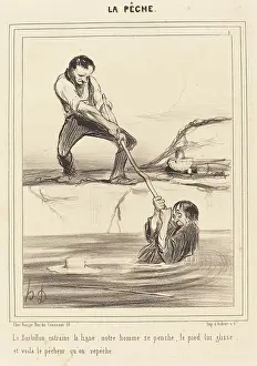 Incident Prints: Le Barbillon entraine la ligne.. 1840. Creator: Honore Daumier