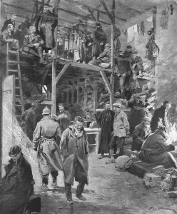 Prison Camp Prints: Le calvaire des six cents otages; Vue interieure de la grange de Milejgany ou furent