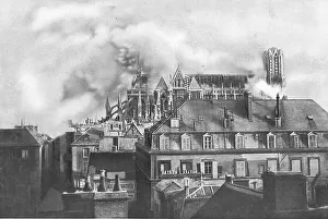 Le Cathedrale de Reims en flammes le 17 septembre, 1914. Creator: Jules Matot
