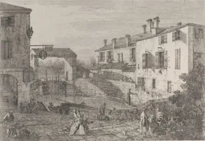 Locks Prints: Le porte del Dolo: the oval basin of the locks at Dolo, with a barge moored to the quay