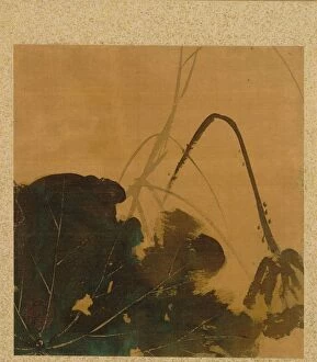 Shibata Zeshin Japanese Gallery: Leaf from Album of Seasonal Themes: Brush, Holder, and Leaves, 1847. Creator: Shibata Zeshin