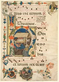 And Gold On Parchment Gallery: Leaf from an Antiphonary with Historiated Initial (H) with The Nativity (recto) and Music (verso)