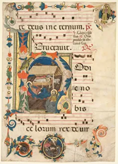 And Gold On Parchment Prints: Leaf from an Antiphonary with Historiated Initial (H) with The Nativity (recto) and Music (verso)