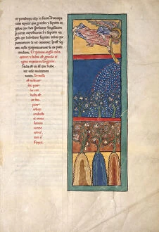 Beatus Collection: Leaf from a Beatus Manuscript: the First Angel Sounds the Trumpet... ca. 1180. Creator: Unknown