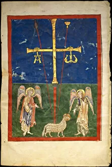 Beatus Collection: Leaf from a Beatus Manuscript: the Lamb at the Foot of the Cross, Flanked by Two Angels
