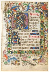 Ghent Prints: Leaf from a Book of Hours: Decorated Initial D[eus] with Foliated Border... 1430s