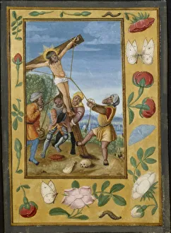 Tempera And Liquid Gold On Vellum Prints: Leaf from a Book of Hours: The Raising of the Cross, c. 1510-1520. Creator: Unknown