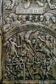Detail Gallery: Detail of a leaf of a Byzantine ivory diptych showing men and bears at the circus