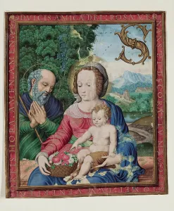 Family Group Prints: Leaf Fragment with Framed Miniature with Holy Family and Initial 'S'