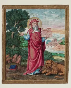 4th Century Prints: Leaf Fragment with Framed Miniature with Saint Jerome Holding Model Church