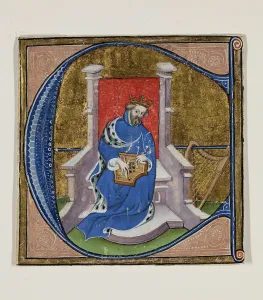 Style Prints: Leaf Fragment with Historiated 'E' with King David Playing Psaltery
