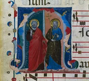 And Gold On Parchment Gallery: Leaf from a Gradual with Historiated Initial (M): SS. Peter and Andrew, c. 1320-1340