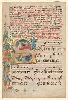 Northern Italy Prints: Leaf from a Gradual: Historiated Initial S[alve Sancta Parens] with Birth of the Virgin (recto)