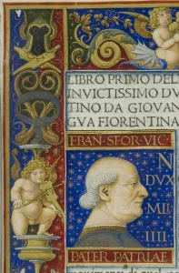Sforza Prints: A leaf from the La Sforziada with the portrait of Francesco Sforza in the initial space