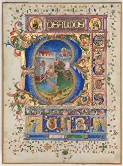 And Gold On Parchment Gallery: Leaf from a Psalter with Historiated Initial (B): King David, c. 1450. Creator: Unknown