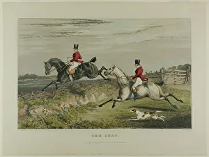 Foxhound Prints: The Leap, from Fox Hunting, 1828. Creator: Charles Bentley