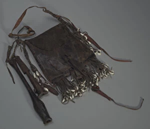 Shells Gallery: Leather bag with tools, whistles, and shells, 20th Century. Creator: Unknown