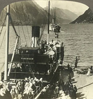 Underwood Travel Library Gallery: Leaving Odde for an excursion down the picturesque mountain-walled Sorfjord, Norway, c1905