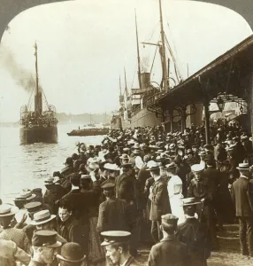 Leaving old home and friends - waving emigrants for America, Christiania, Norway, c1905