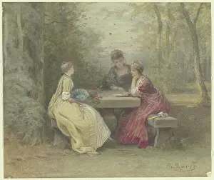 Lecture in the park, three young ladies in Watteau-esque costumes sit around a... 19th century. Creator: Philipp Rumpf