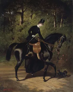 Riding Crop Prints: L'écuyère Kippler sur sa jument noire, c.1850. Creator: Alfred Dedreux