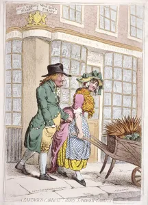 Barrow Prints: A leering man making advances to a girl, New Bond Street, Westminster, London, 1796