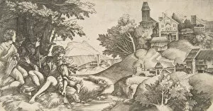 Idyllic Collection: At left four shepherds with musical instruments seated under a group of trees... ca