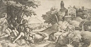 At left four shepherds with musical instruments seated under a group of trees..., ca At left four shepherds with musical instruments seated under a group of trees..., ca