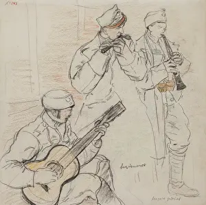 Crayon Prints: Legionnaires Playing, Dec 1915 - Feb 1916. Creator: Leopold Gottlieb