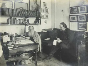 Leo Tolstoy with his secretary Vladimir Chertkov at the Yasnaya Polyana on 29 March 1909, 1909 Leo Tolstoy with his secretary Vladimir Chertkov at the Yasnaya Polyana on 29 March 1909, 1909
