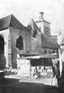 Shelling Prints: Les Combats Devant Soissons; L'eglise de Crouy, 1915. Creator: Unknown