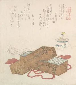 Shunman Kubo Prints: Letter-Box with Letter and Potted Flower, 19th century. Creator: Kubo Shunman