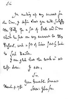 A letter from Dr Johnson, on his finishing the Lives of the Poets, c1780, (1840). Artist: James Boswell